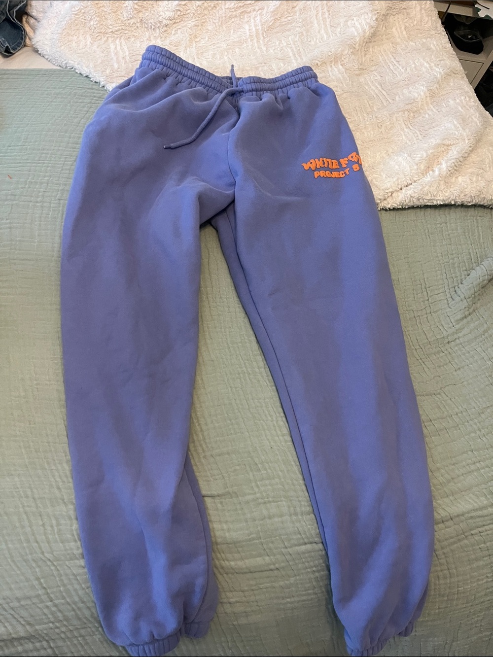 White Fox Boutique Purple Jogger Sweatpants with Orange Logo